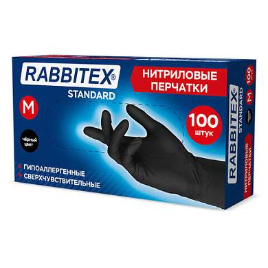 Перчатки нитриловые универсальные RABBITEX (РАББИТЕКС) Standard, 50 пар (100 шт.), черные, размер M (средний), 702156 (арт. 702156)