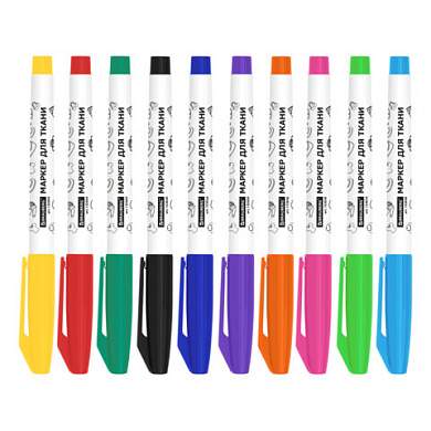 Маркеры для ткани 10 ЦВЕТОВ, TEXTILE MARKER, несмываемые, круглый наконечник 1-3 мм, BRAUBERG, 152656 (арт. 152656)