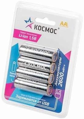 Аккумулятор Космос R6/AA Li-ion 1,5V 2600mWh (~1700mAh) прямой заряд через USB-C 4BL KOCR6Li2600mWh4BL (арт. 913549)