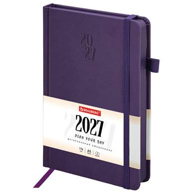 Ежедневник датированный 2027, А5, 138х213 мм, BRAUBERG "Plain", под кожу, резинка, держатель для ручки, фиолетовый, 118039 (арт. 118039)