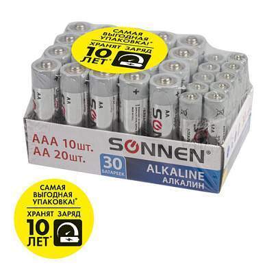 Батарейки КОМПЛЕКТ 30 (20+10) шт., SONNEN Alkaline, AA+ААА (LR6+LR03), в коробке, 455097 (арт. 455097)