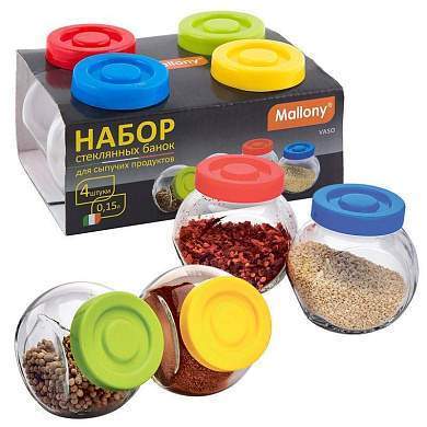 Набор Банка для сыпучих продуктов VASO 4шт/0,15л (стекло) с пластик.крышкой, 3606 Mallony (арт. 673138)