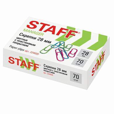 Скрепки STAFF "Manager", 28 мм, цветные, 70 шт., в картонной коробке, 224630 (арт. 224630)