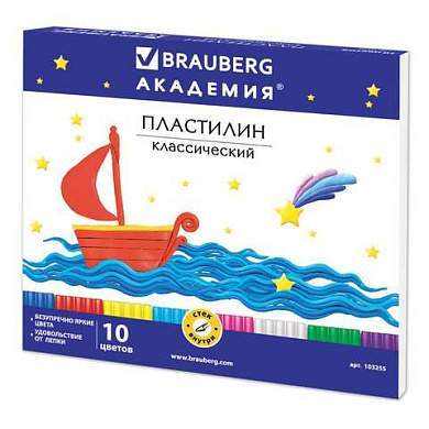 Пластилин классический BRAUBERG "АКАДЕМИЯ", 10 цветов, 200 г, со стеком, картонная упаковка, 103255 (арт. 103255)