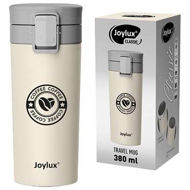 Термокружка 380 мл JOYLUX (ДЖОЙЛЮКС) CLASSIC COFFEE, нержавеющая сталь SUS304, бежевый с принтом, 700273 (арт. 700273)