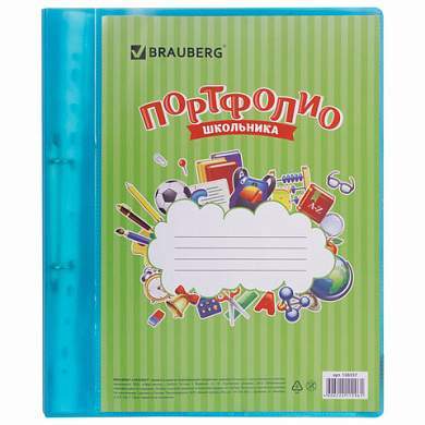 Папка для портфолио школьника, 2 кольца, 20 файлов, пластик, полупрозрачный, синяя, BRAUBERG, 126557 (арт. 126557)