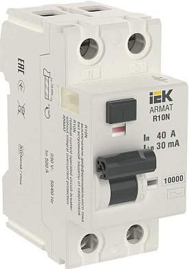 IEK ARMAT выключатель диф. тока ВДТ (УЗО) R10N 2P 40А 30мА, тип AC, 10кА AR-R10N-2-040C030 (арт. 822105)