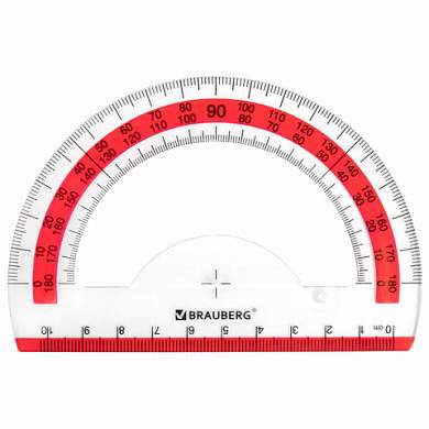 Транспортир 10 см BRAUBERG "FRESH ZONE", 180 градусов, пластик, прозрачный, красная шкала, 210760 (арт. 210760)