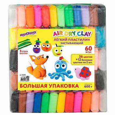 Пластилин супер легкий воздушный 60 штук (36 цветов + 12х2 базовых), 600 г, 3 стека, ЮНЛАНДИЯ, 106981 (арт. 106981)