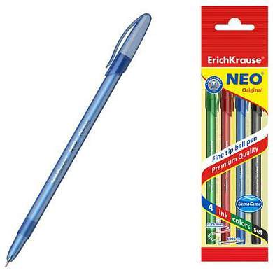 Ручки шариковые ERICH KRAUSE "Neo", набор 4 ЦВЕТА, 0,7 мм, европодвес, 47509 (арт. 144567)