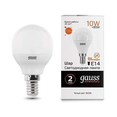 Gauss Elementary Шар G45 E14 10W(710lm) 3000K 2K 86x45 матовая, пластик/алюм. 53110 (арт. 641392)