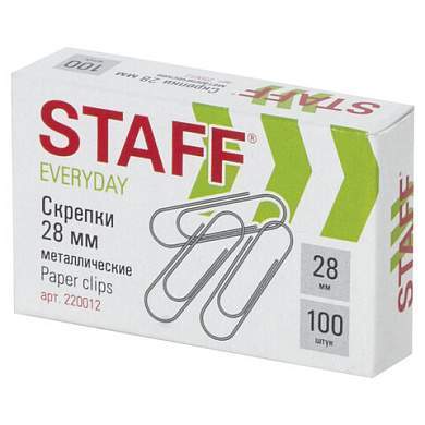 Скрепки STAFF "EVERYDAY", 28 мм, металлические, 100 шт., в картонной коробке, 220012 (арт. 220012)