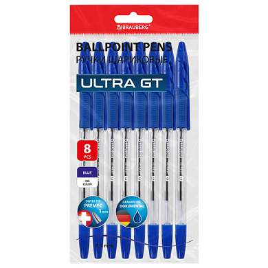 Ручки шариковые с грипом BRAUBERG "ULTRA GT", НАБОР 8 ШТУК, СИНИЕ, корпус прозрачный, узел 1 мм, линия 0,5 мм, 144529 (арт. 144529)