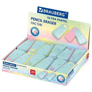 Ластик BRAUBERG "ULTRA PASTEL", 57х24х15 мм, пастельные цвета ассорти, бирюзовый пластиковый держатель, 272688 (арт. 272688)