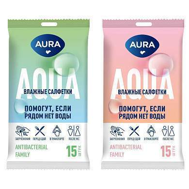 Салфетки влажные Aura "Family", 15шт., антибактериальные (арт. 229645)