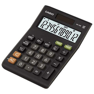 Калькулятор настольный CASIO MS-20UC-BK-W-EC (15х10,5х2,3 см), 12 разрядов, двойное питание (арт. 274662)