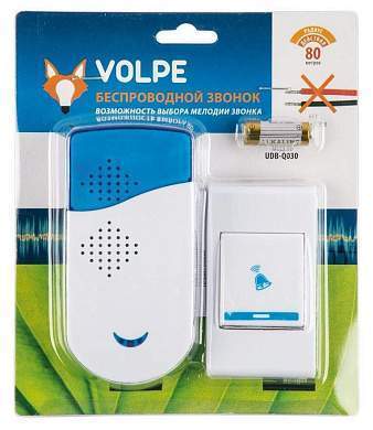 Volpe звонок беспроводной 80м, 32 мелодии, инд, бел/голуб, кнопка IP53, UDB-Q030 W-R1T1-32S-100M-WH (арт. 849500)