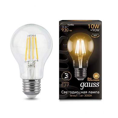 Gauss Filament ЛОН A60 E27 10W(930lm) 2700K 2K прозр. 105x60 филамент (нитевидная), 102802110 (арт. 645935)
