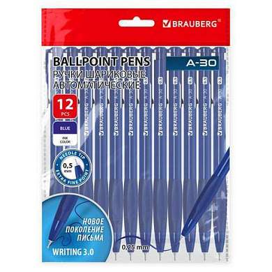 Ручки шариковые автоматические BRAUBERG A-30 "WRITING 3.0", КОМПЛЕКТ 12 ШТ, СИНИЕ, пишущий узел 0,5 мм, линия письма 0,25 мм, 144340 (арт. 144340)