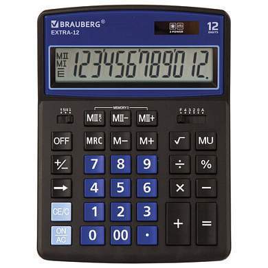 Калькулятор настольный BRAUBERG EXTRA-12-BKBU (206x155 мм), 12 разрядов, двойное питание, ЧЕРНО-СИНИЙ, 250472 (арт. 250472)
