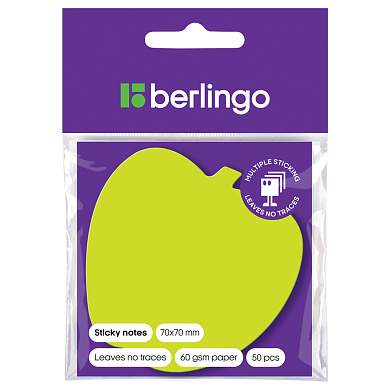 Самоклеящийся блок фигурный Berlingo "Яблоко", 70*70мм, 50л., зеленый неон, европодвес (арт. 205661)