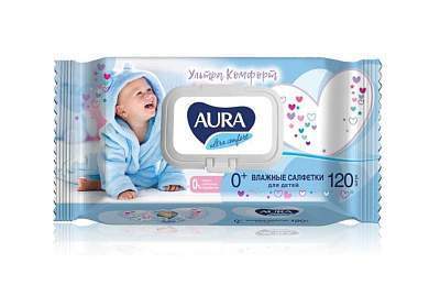 Влажные салфетки с клапаном 120шт/уп, детские 0+, с алоэ и витамином Е AURA Ultra comfort 11733 (арт. 762671)