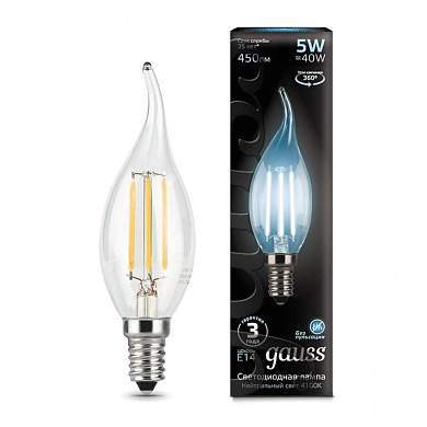 Gauss Filament Свеча на ветру E14 5W(450lm) 4100K 4K 122x35 филамент (нитевидная), прозр. 104801205 (арт. 581769)