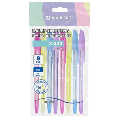 Ручки шариковые BRAUBERG "X-333 PASTEL", НАБОР 8 ШТУК, СИНИЕ, узел 0,7 мм, линия письма 0,35 мм, 144531 (арт. 144531)