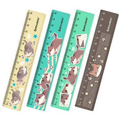 Линейка пластиковая 15 см BRAUBERG "CUTE CATS", с принтом, ассорти, 210865 (арт. 210865)