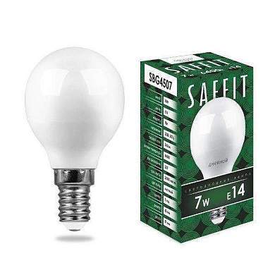 Saffit шар G45 E14 7W(560lm) 6400K 6K матовая, пластик 80x45 SBG4509 55123 (арт. 678021)