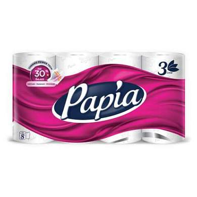 Бумага туалетная быт., спайка 8 шт., 3-слойная (8х16,5 м), PAPIA, ш/к 00051, 5080721 (арт. 118563)
