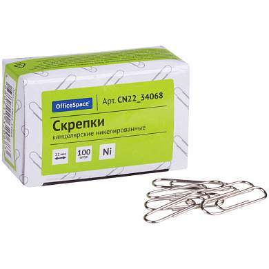 Скрепки 22мм, OfficeSpace, 100шт., никелированные, карт. упаковка (арт. 306917)