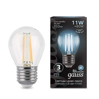 Gauss Filament Шар G45 E27 11W 750lm 4100K 4K прозр. филамент (нитевидная) 105802211 (арт. 677164)