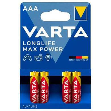 Батарейки алкалиновые "мизинчиковые" КОМПЛЕКТ 4 шт., VARTA LONGLIFE MAX POWER, ААА (LR03,15А), блистер, 4703101404 (арт. 457407)