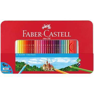 Карандаши цветные Faber-Castell "Замок", 60цв., шестигр., заточ.+2ч/г кар. Grip+ластик+точилка, метал. коробка (арт. 286239)
