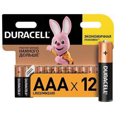 Батарейки КОМПЛЕКТ 12 шт., DURACELL Basic ОРИГИНАЛ, AAA (LR03, 24А), алкалиновые, мизинчиковые (арт. 451362)