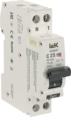 IEK ARMAT дифф. автоматический выкл. АВДТ B06S 1P+NP C25 (18мм) 30мА, тип AC, 6кА AR-B06S-1N-C25C030 (арт. 822201)