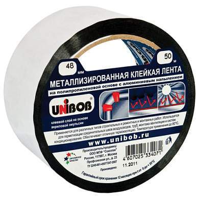 Клейкая лента МЕТАЛЛИЗИРОВАННАЯ 48 мм х 50 м, ПОЛИПРОПИЛЕНОВАЯ ОСНОВА, подвес, UNIBOB, 39117 (арт. 604161)