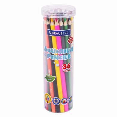 Карандаши цветные акварельные BRAUBERG PREMIUM AQUARELLE 36 цветов в тубе, трехгранные, утолщенный грифель 4 мм, натуральное дерево,181933 (арт. 181933)