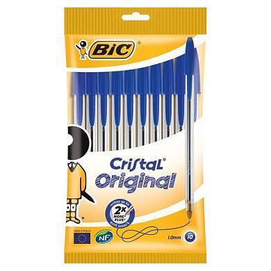 Ручки шариковые BIC "Cristal Original", НАБОР 10 шт., СИНИЕ, узел 1 мм, линия письма 0,32 мм, пакет, 830863 (арт. 143972)