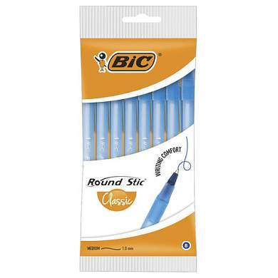 Ручки шариковые BIC "Round Stic", НАБОР 8 шт., СИНИЕ, узел 1 мм, линия письма 0,32 мм, пакет, 928497 (арт. 143976)