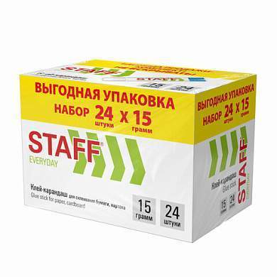 Клей-карандаш 15 г, ВЫГОДНАЯ УПАКОВКА, КОМПЛЕКТ 24 ШТУКИ, STAFF EVERYDAY, 273017 (арт. 273017)