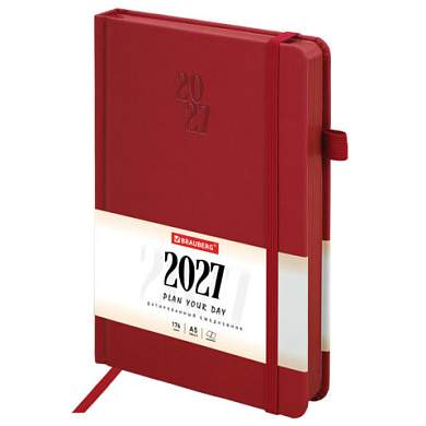 Ежедневник датированный 2027, А5, 138х213 мм, BRAUBERG "Plain", под кожу, резинка, держатель для ручки, красный, 118036 (арт. 118036)