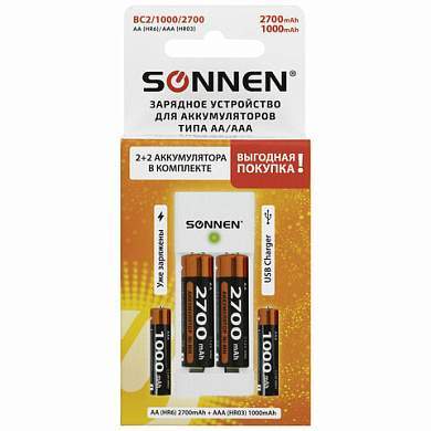Зарядное устройство с аккумуляторами 4 шт. (2+2) AA+AAA (HR6+HR03), 2700 mAh + 1000 mAh, SONNEN BC2, 455005 (арт. 455005)