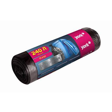 Мешки строительные для мусора 240 л, черные, в рулоне 10 шт., ПВД, 28 мкм, YORK, 902230 (арт. 703730)