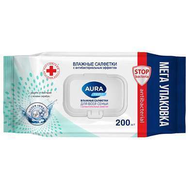 Салфетки влажные 200 шт., AURA Family, антибактериальные, для всей семьи, крышка клапан, 10394 (арт. 117694)