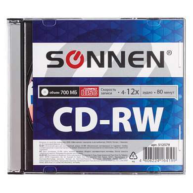 Диск CD-RW SONNEN, 700 Mb, 4-12x, Slim Case (1 штука), 512579 (арт. 512579)