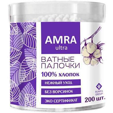 Ватные палочки 200 шт., AMRA, пластиковый стакан, ш/к 82497, П00055404 (арт. 117589)