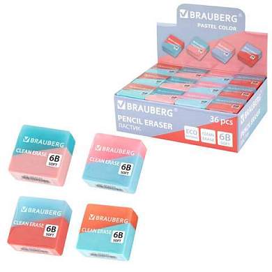 Ластик BRAUBERG "PASTEL COLOR DUO", 34х34х14 мм, квадратный, экологичный ПВХ, ассорти, 272733 (арт. 272733)
