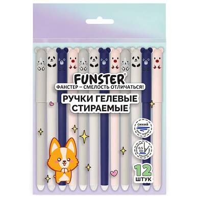 Ручки гелевые стираемые FUNSTER (ФАНСТЕР) "CUTE ANIMALS", СИНИЕ, НАБОР 12 ШТ., корпус soft-touch, узел 0,5 мм, линия письма 0,35 мм, 144435 (арт. 144435)